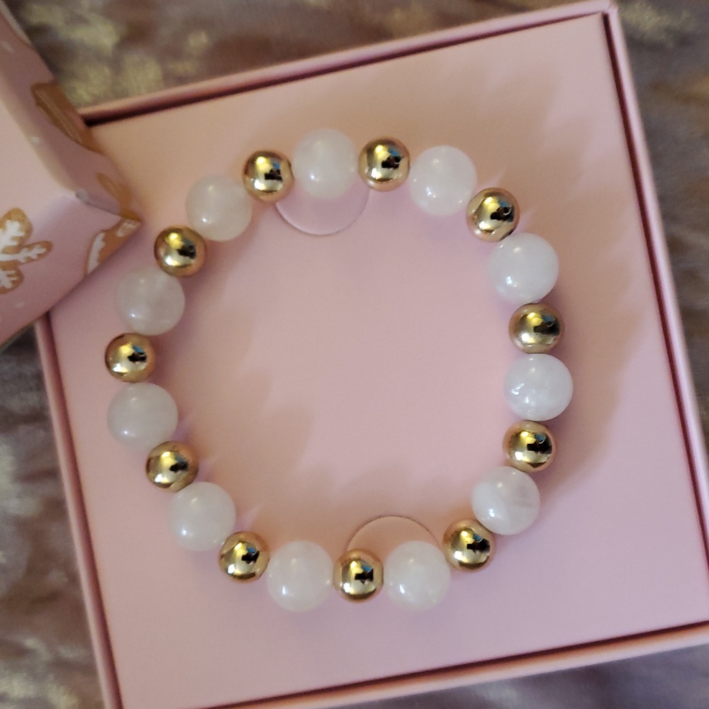 ROSE QUARTZ & Gold Bead Handmade Healing Stretch Bracelet Christmas Gift In Box - Picture 2 of 8